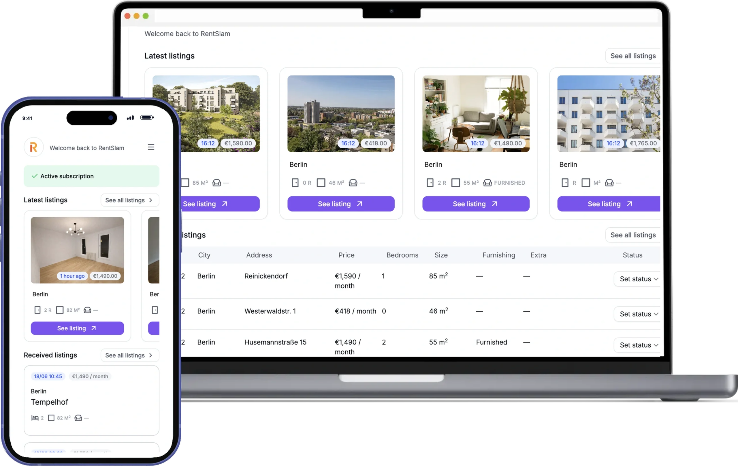 RentSlam laptop and phone webapp showing Berlin rental listings in English