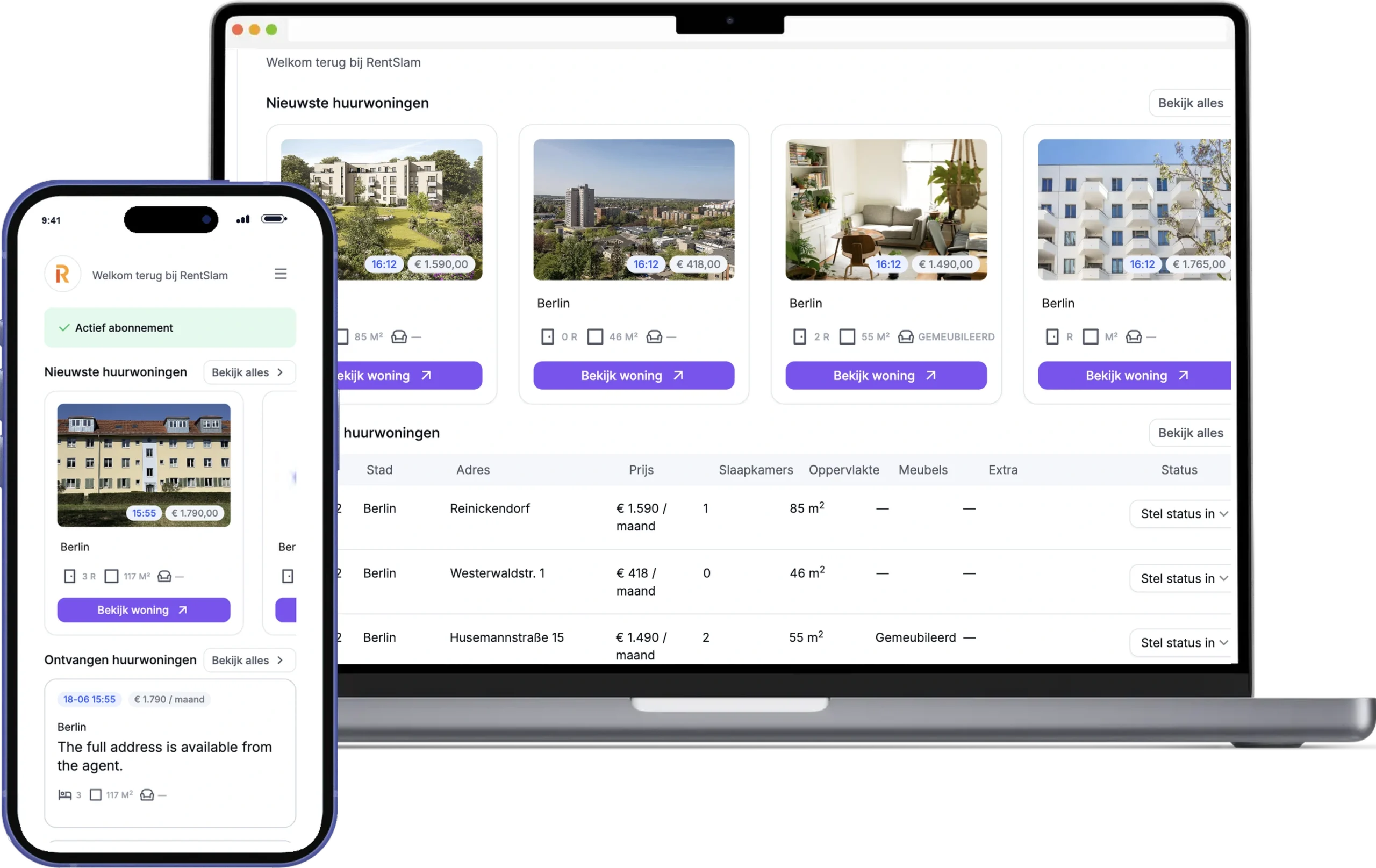 RentSlam laptop en telefoon met huurwoningen in Berlijn in het Nederlands