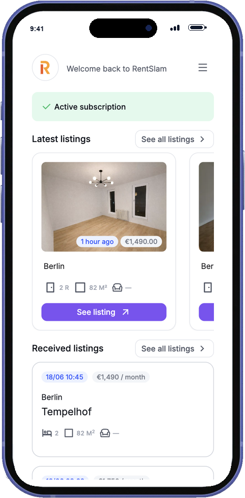 RentSlam webapp showing Berlin rental listings in English